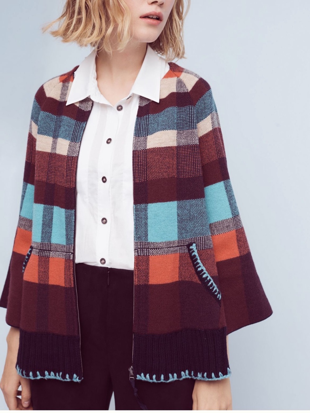 Anthropologie HWR Monogram Plaid Swing Cardigan Sweater Jacket Wool Cotton M